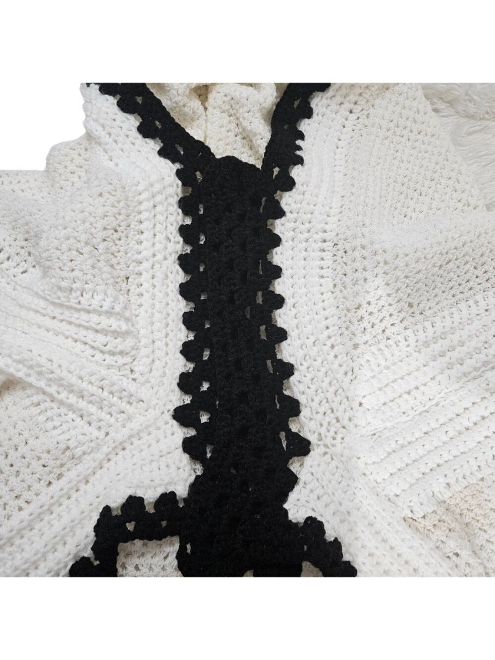 Handmade White Hand Knit Crochet Cocoon Cardigan Granny Square Black Open Front - Picture 11 of 17